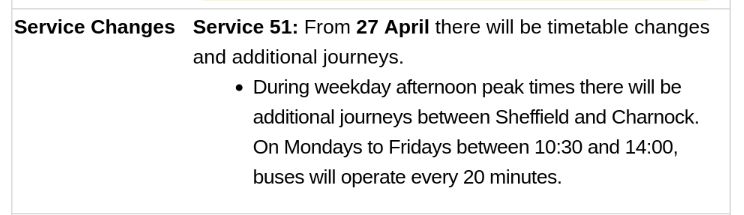 During weekday afternoon peak times there will be additional journeys between Sheffield and Charnock. On Mondays to Fridays between 10:30 and 14:00, buses will operate every 20 minutes.