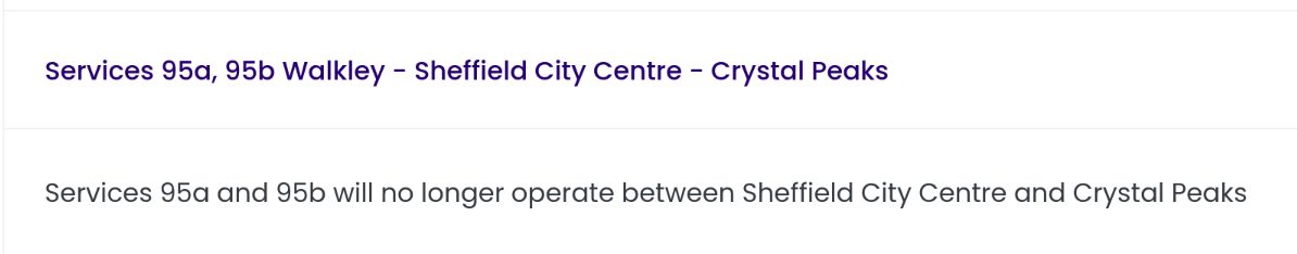 Services 95a and 95b will no longer operate between Sheffield Centre and Crystal Peaks