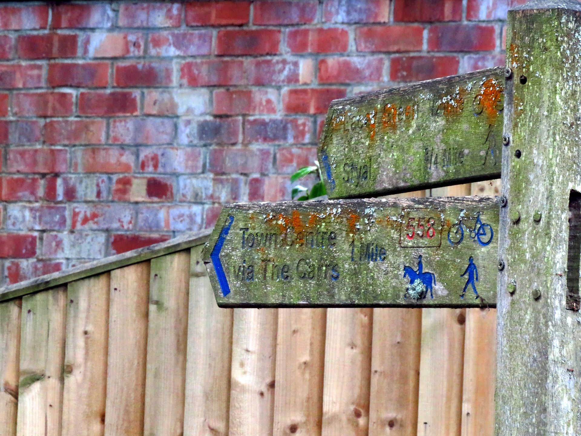 A mossy wooden fingerpost