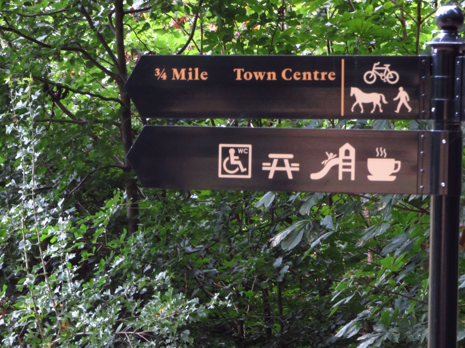A black fingerpost shows a selection of icons
